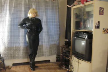 Catsuited Dollification  Masturbation - Angelika fetish doll is dollified in her catsuit, corset, female mask and knee boots, poses then masturbates for you